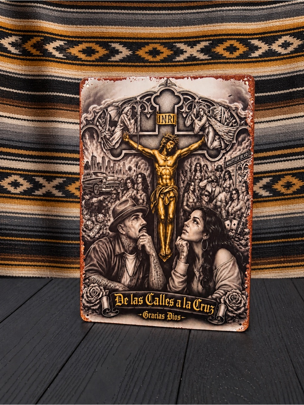 Religious Wall Art Plaque - Gold & Black Crucifix Design